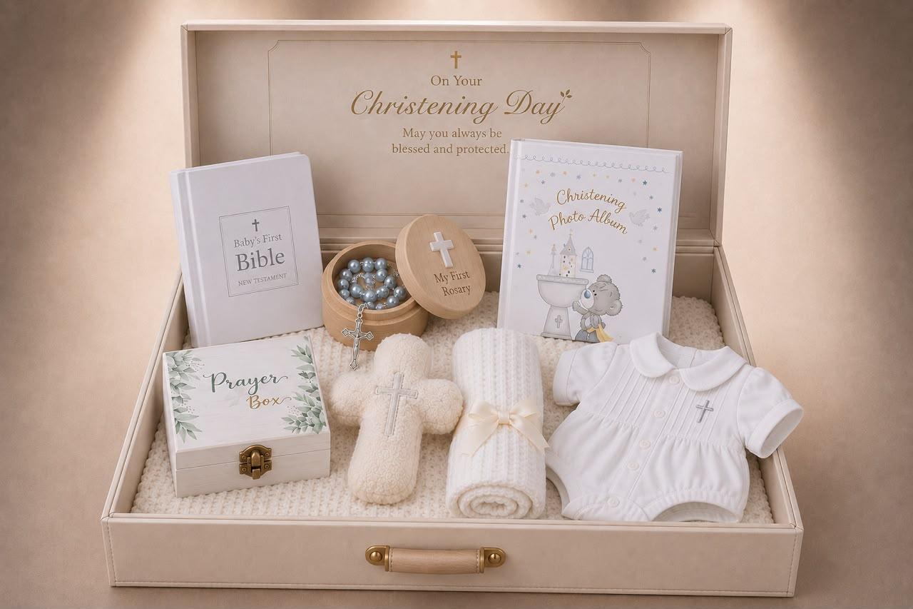 A Christening Day trunk with a baby's first Bible, rosary box, prayer box and white christening outfit