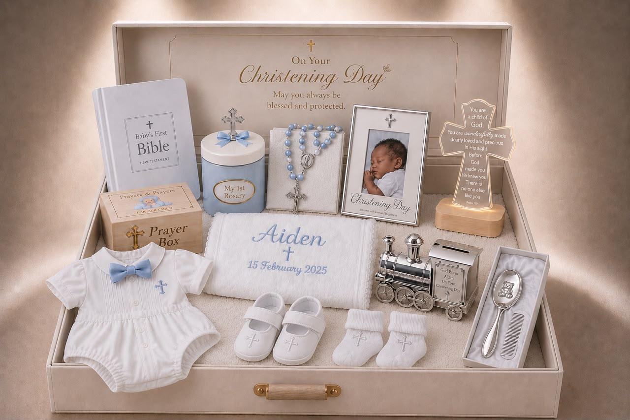 A personalised christening trunk embroidered with a child's name and christening date