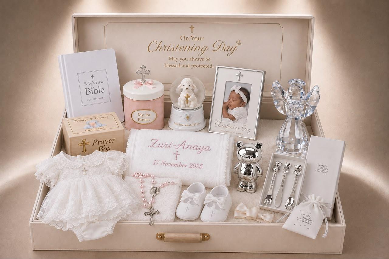 A personalised trunk with a towel embroidered with the child's name and ceremony date