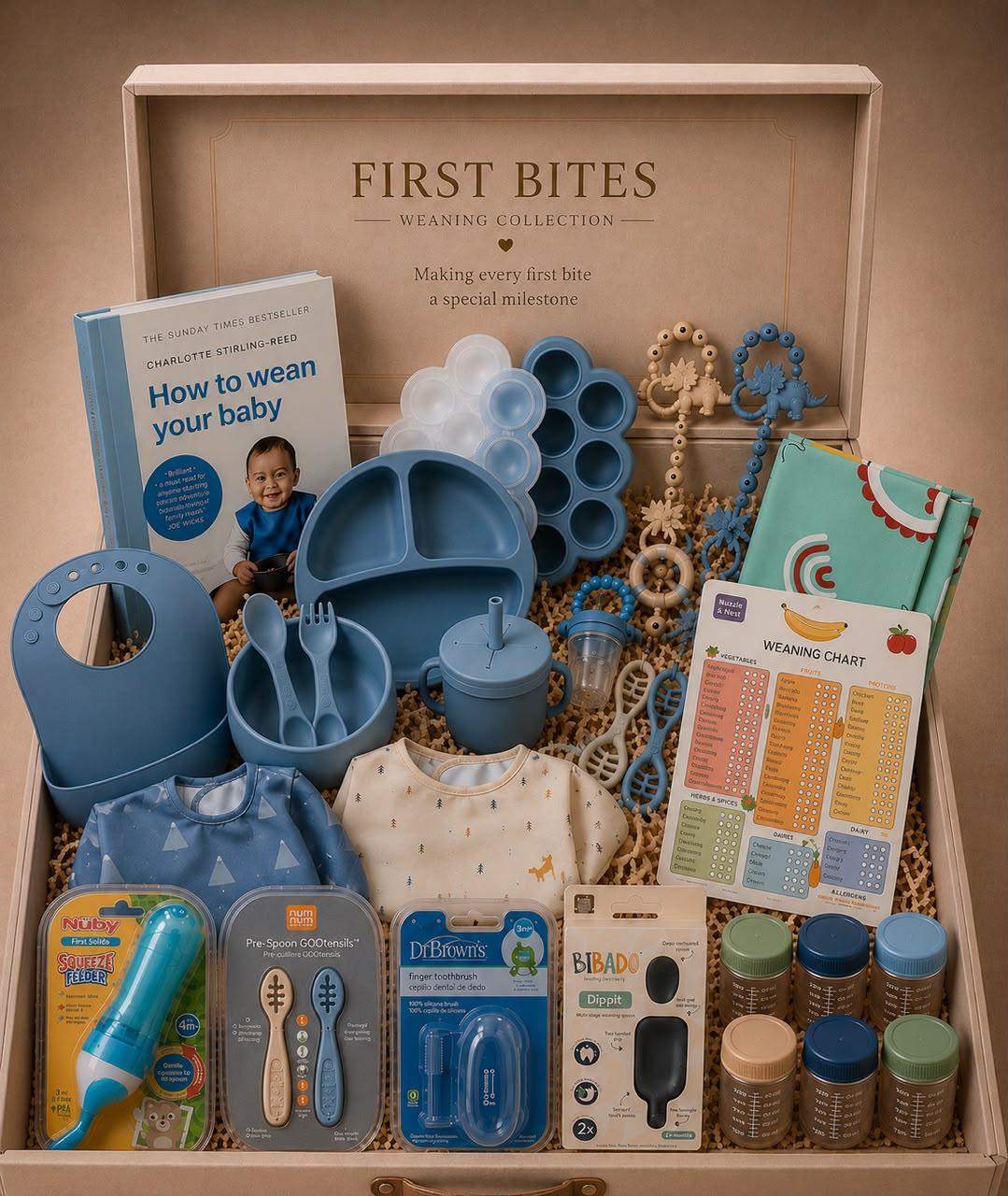 The First Bites weaning trunk with blue silicone bowls, bibs, teethers, a weaning chart and recipe book