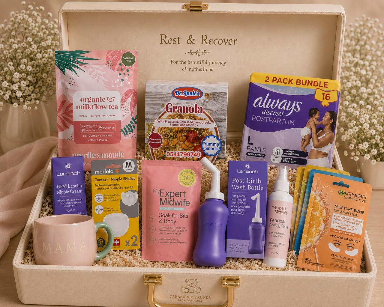 The Rest and Recover trunk with a Mama mug, herbal tea and postpartum recovery essentials